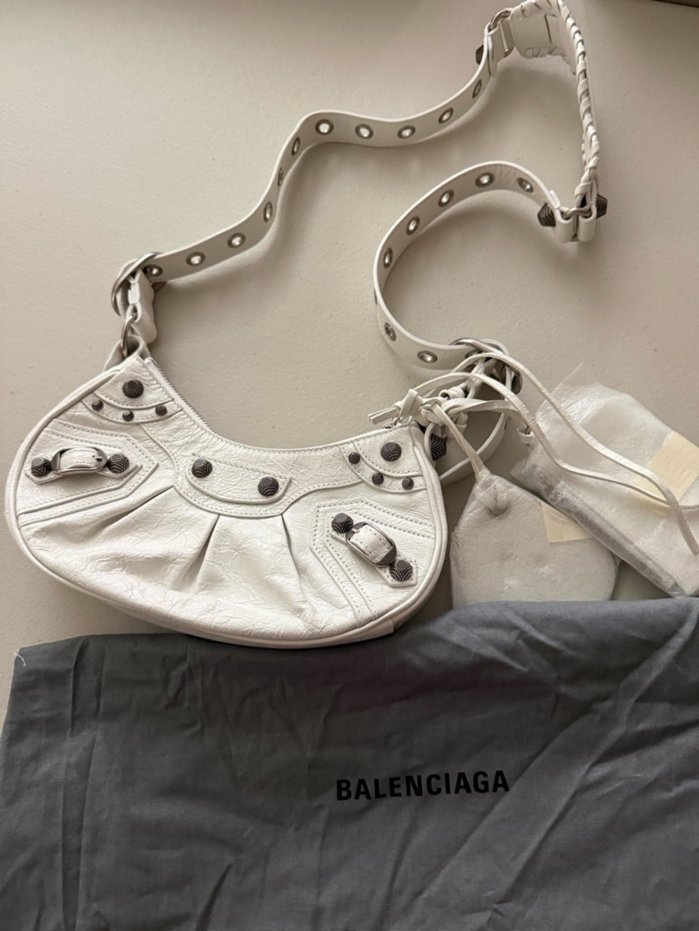 Balenciaga White Leather Crossbody with Stud and Braided Strap Detail